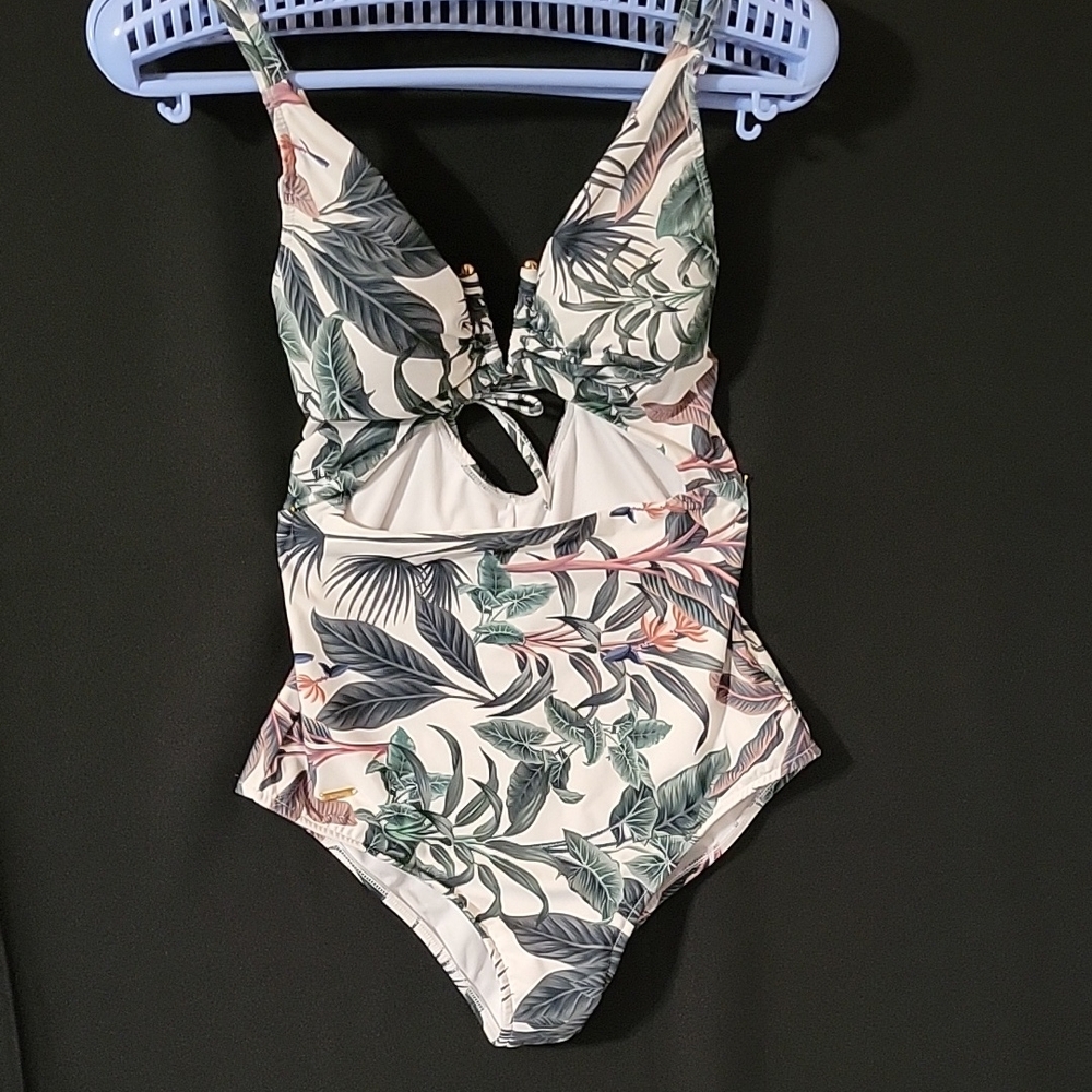Tropical Leaf One-Piece Swimsuit in White and Green